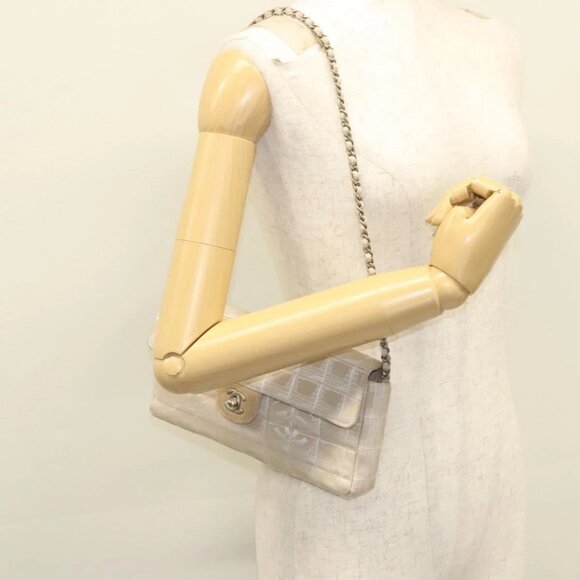 CHANEL New Travel line Choco Bar Chain Shoulder Bag Nylon Beige CC Auth 120002 - Picture 14 of 16